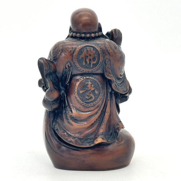 Laughing Buddha Figurine 6" Carved Solid Wood Dark Stain Chinese Script 1.5 lbs - Picture 5 of 14